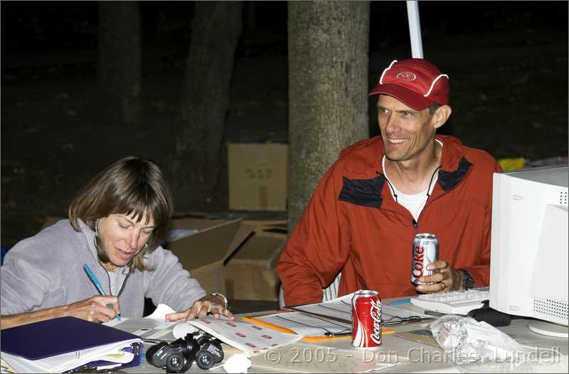 Night falls on the timing tent